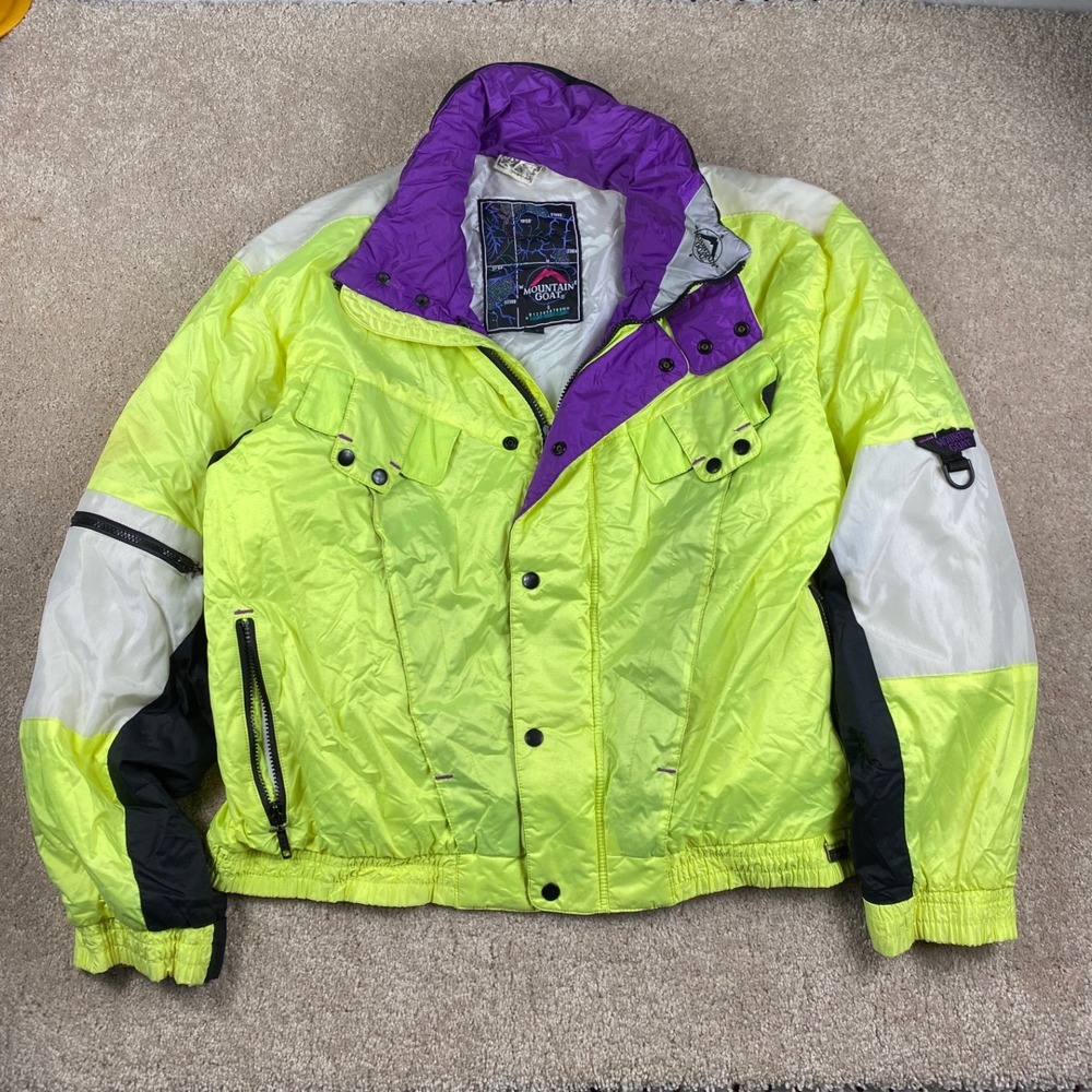 Vintage Mountain Goat Ski Jacket Neon Yellow Purple Mens XL 90s Retro
